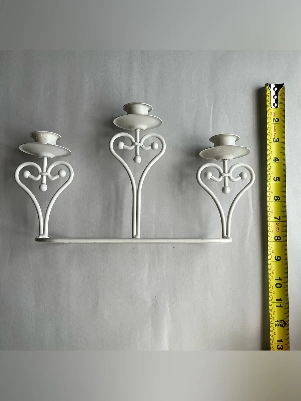 Vintage White Finish Sculpted Heart Metal Heart Candleabra 11.25x6.5x3”